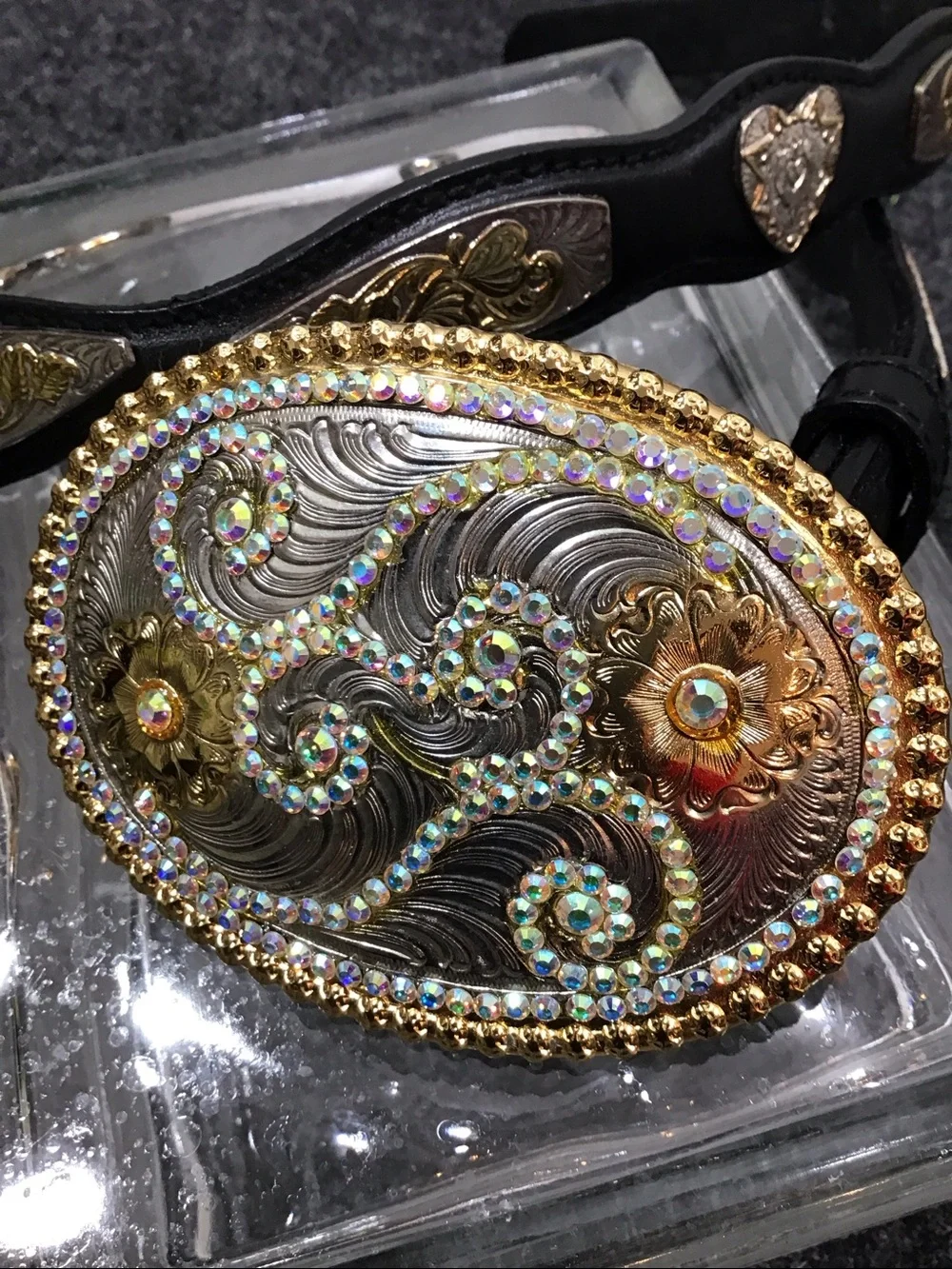 Resistol Black Leather western belt Gold Oval Crystal buckle 32 R1202263